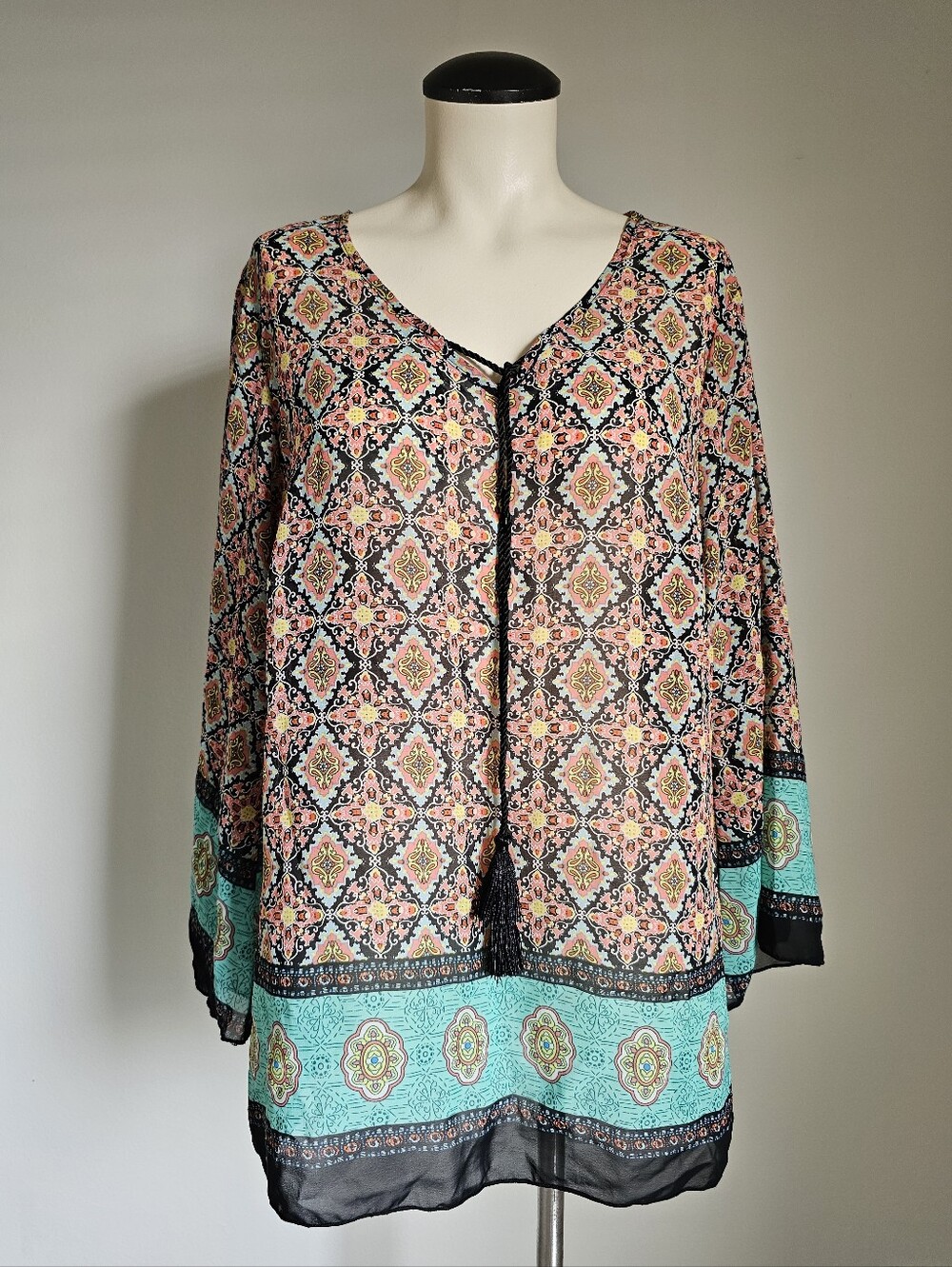 NWT Dressbarn paisley boho tassel tie bell sleeves semi-sheer blouse Size L